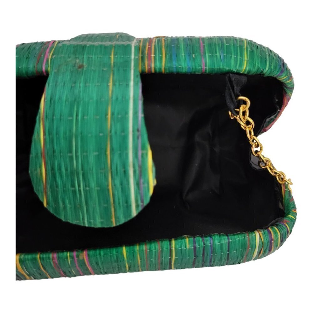 Green Raffia Shoulder Purse Gold Tone Chain Strap Striped With Snap Closure Bag - Picture 5 of 10